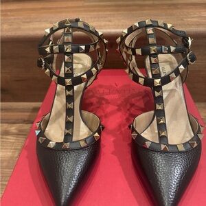 Valentino Black and Gold Studded Heels
